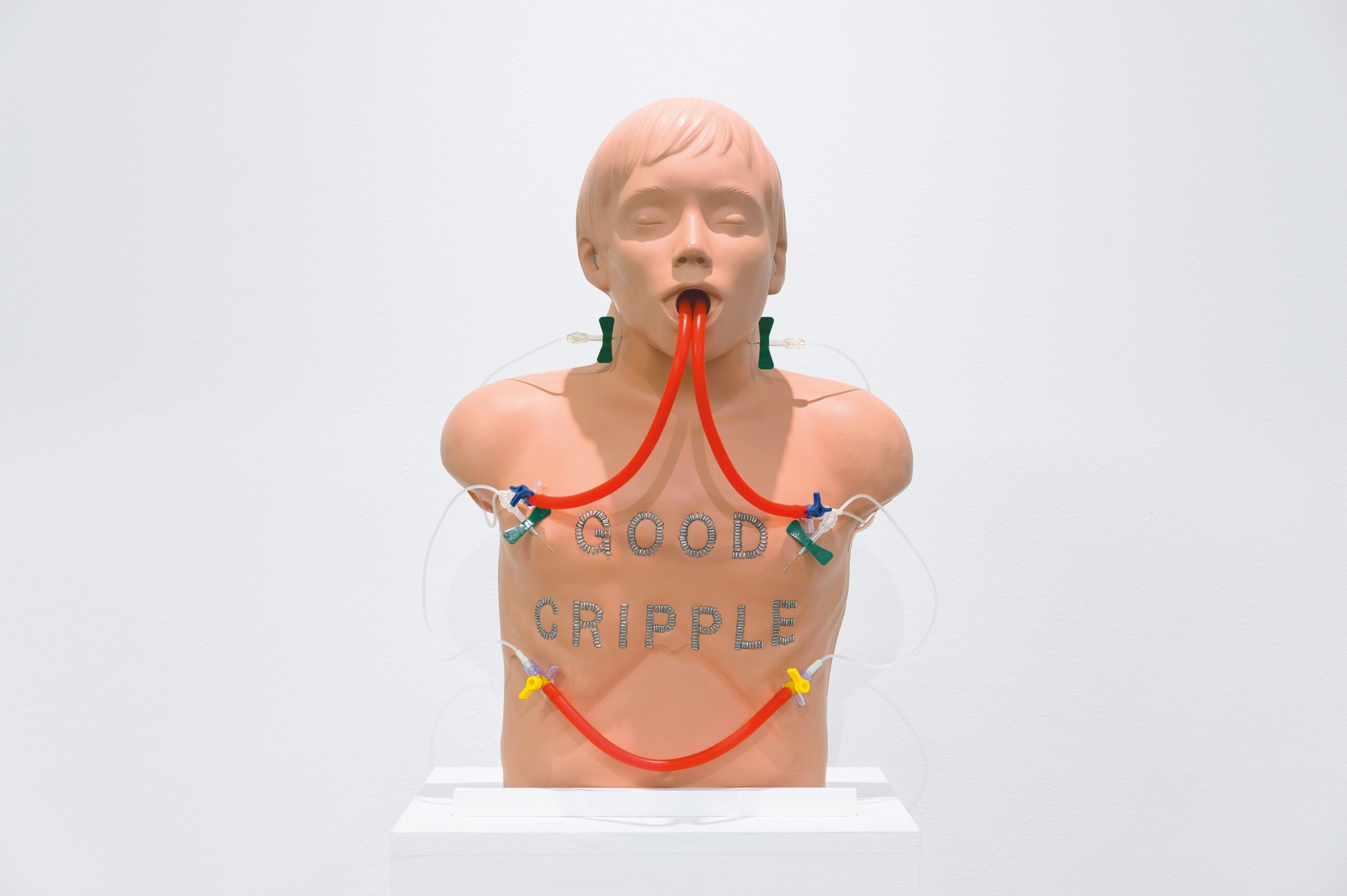 Deux tubes rouges de prélèvement sanguin sortent de la bouche d'un mannequin de réanimation. Un autre tube rouge pend au niveau de la cage thoracique du mannequin. Il est possible de lire GOOD CRIPPLE sur sa poitrine.