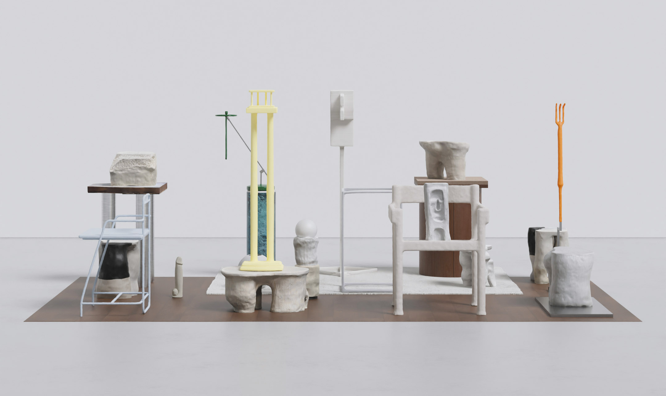 Dans une salle blanche, des chaises et des tables basses ont été disposées de manière ordonnée sur un rectangle brun avec différentes sculptures cylindriques et cubiques.